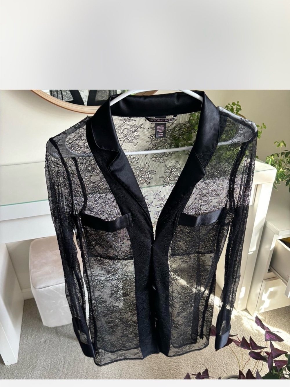 Victoria's Secret Black Sheer Lace Button-Up Blouse